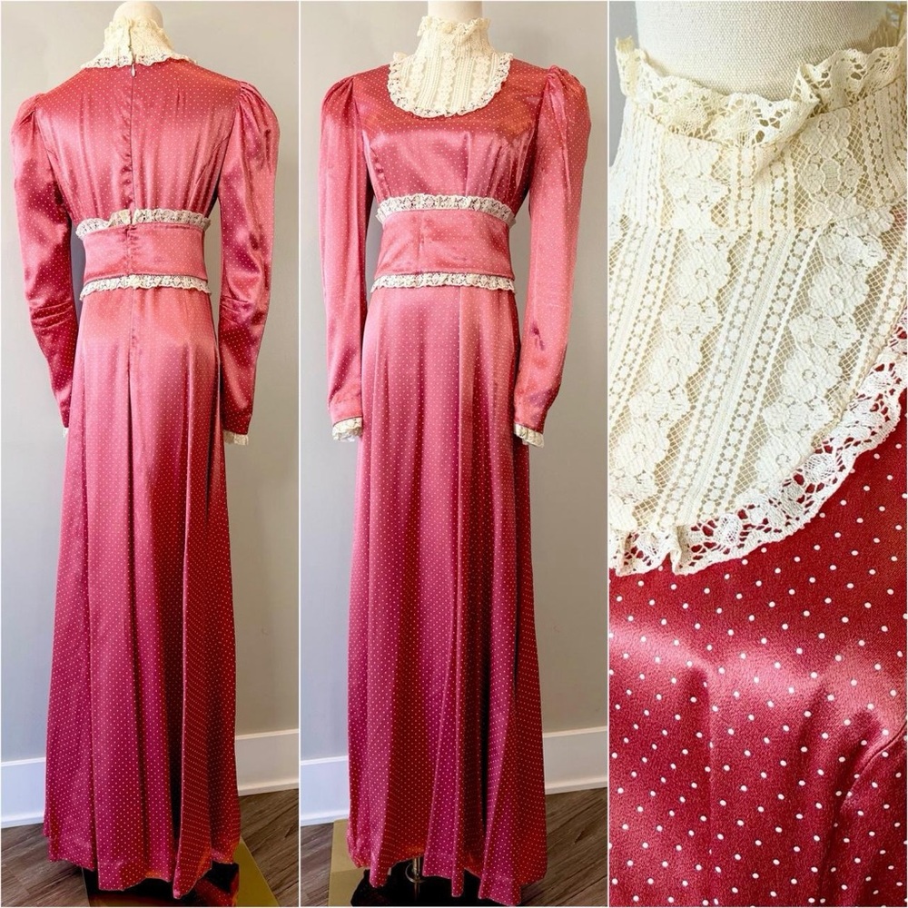 Vintage 1970s Prairie Dress Pink Dot Cottagecore 70s Elegant Edwardian Medium